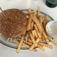 Smash burger with fries   at Stefano's Diner in Toronto