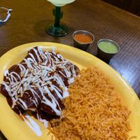 Red enchilada with chik’n rice and a margarita  at Pancho's Vegan Tacos in Long Beach