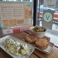 Chives scrambled tofu, hash cakes, piccolo caeser salad. Delizioso! at Nolita in Wellington