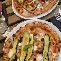 1. Aubergine, cherry tomatoes, basil oil - 2. Zucchini, vegan chicken and kalamata olives (10/10 both)  at Marcus Pizze Amore in Paris