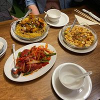 Crispy chow mein, spicy 'chicken' drumsticks, and mapo tofu. at Chung Ying in Birmingham
