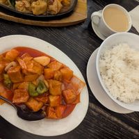 Tofu with sweet and sour, tofu with black bean sauce, steamed rice at Chung Ying in Birmingham