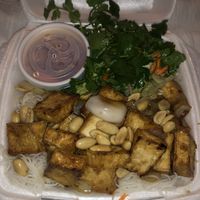 This is the Bun with Fried Tofu. Fully vegan and delicious. However, 10/10 do not recommend the sauce. I used my Tamari sauce and it worked out a lot better, personal preference.  at Saigon in Topeka