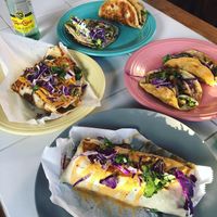 Burrito, quesadilla, and tacos (on plates at home because we were in a pandemic). at Terror Tacos in St Louis