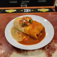 Vegan Breakfast Burrito with Black and Pinto Beans and Christmas Chile Sauce at Golden West Cafe in Baltimore