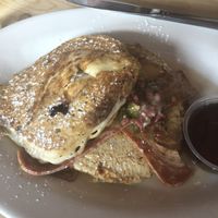 Vegan breakfast sandwich with “bacon” “egg” and blueberry pancakes  at Golden West Cafe in Baltimore