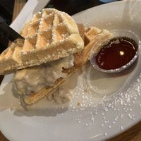 Vegan Waffle, egg and fried chkn with maple syrup.  at Golden West Cafe in Baltimore