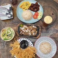 tosilog, miso soup, sisig with bagnet, enoki tempura, garlic rice, passion fruit iced tea  at Cosmic - Pasig in Pasig