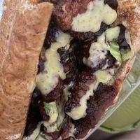 Rib sandwich with sauce   at Eliza's Vegan Café in Florence