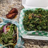 Raw veggie pita, BBQ drumsticks, kale salad at Eliza's Vegan Café in Florence