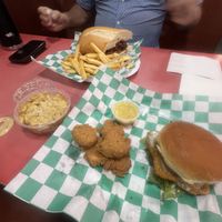Fish sandwich, chik’n nuggets, mac n cheese. Spicy Chikn sandwich   at Eliza's Vegan Café in Florence