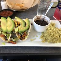 Vegan tacos (Portabella, mushrooms), black beans, and cilantro, lime rice  at Iron Cactus in San Antonio