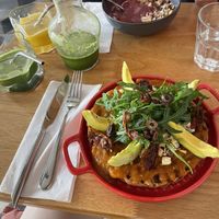 Smoothie bowl, smoothies, waffle with scramble tofu  at The Cure Bali in Kuta