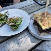 Sandwich with smoked tofu / focaccia with veggies and cream cheese at Kasvio in Utrecht