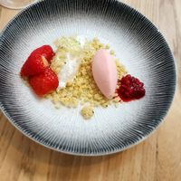 - Rhubarb sorbet, rosemary crumble, white chocolate, elderflower mousse at Kasvio in Utrecht
