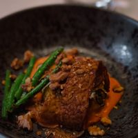 Zucchini involtini filled with pearled barley, buckwheat and herbs. Tempé, green beans and hazelnut sauce at Kasvio in Utrecht