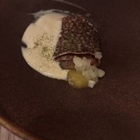 Kastanje crepe gefermenteerde perenjam douglas spar poeder, creme anglaise, bergamotgelei  at Kasvio in Utrecht