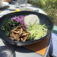 Poke bowl with marinated shiitake mushrooms, removed mayo and furikake   at Jingu House in San Antonio