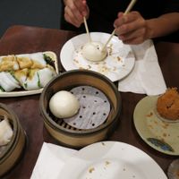 Mock shrimp dumplings - Rice flour rolls with chinese kale - Sesame paste buns - Mashed Taro treasure boxes at Vegetarian Dim Sum House in New York City
