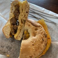 Vegan sausage, egg, and cheese on an everything bagel  at OCA Mocha in Halethorpe