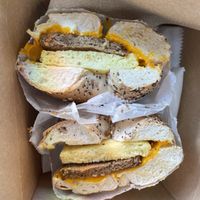 “Sausage, egg & Cheese” on Everything Bagel  at OCA Mocha in Halethorpe