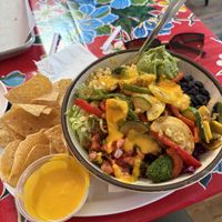 Veggie burrito bowl with vegan quesoo  at Lucharitos in Greenport