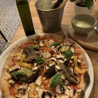 Vegan vegetariano and matcha latte   at Pizza Bertoldi in Prague