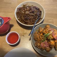 Fruit tea, fried noodles and cauliflower  at Midnight Shanghai in Christchurch
