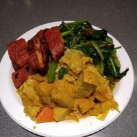 roast duck,  curry and greens on rice for $7.50 at Divine Realm Vegie Delight in Point Cook