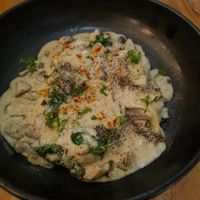 split dumplings in white wine mushroom sauce at Element Vegetarian in Phnom Penh