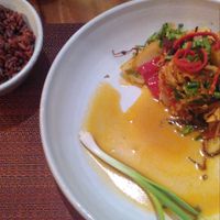 Ginger tofu with rice at Element Vegetarian in Phnom Penh