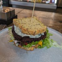 Lulu burger with GF bread and cashew cheese at Lulu's Cafe in Mullumbimby