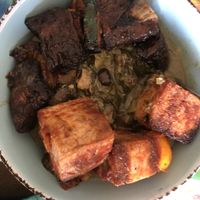 What I like to do is take it all home, pour the kalaloo over the fungi and then top with the mushrooms and tofu from the kabobs.   It’s the best ever!!  at Uca's Kitchen & Rastafarian Cultural Center in St Croix