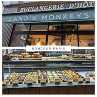 The outside of the shop and the pastries inside at Land & Monkeys - Pernety in Paris