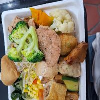 Loaded buffet plate at Shou-Yu Vegetarian Buffet in Kaohsiung