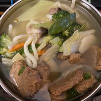 Udon soup w/Peking ribs (poured into a bowl) at Vegetarian Palate in Brooklyn