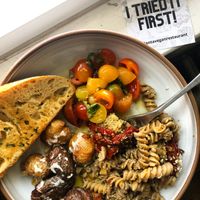 Pesto pasta, citrus marinated tomatoes, smashed potatoes, garlic bread 😘 at PiANTA in Providence