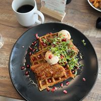 Chicken and waffles & a coffeee  at PiANTA in Providence