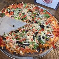 Veggie pizza with violife vegan mozzarella (they let you bring in your own cheese!) at dO wood fired in Irwin