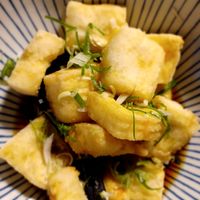 Veganised age dashi tofu. at Sushi Chungjeon 초밥충전 in Jeju