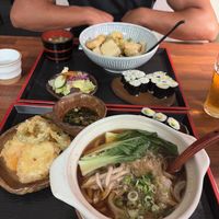 Agedashi tofu for him, Noodles soup (can't remember the name of the dish) for me.. It's absolutely delicious!!! at Sushi Chungjeon 초밥충전 in Jeju