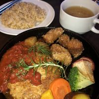 The hamburger set with a few karage too at Rainbow Bird Rendezvous in Tokyo