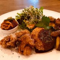 Croquette Plate - It also came with rice and soup. It was kind of a lot of food for me so I ended up giving my leftovers to my husband to eat! lol at Rainbow Bird Rendezvous in Tokyo