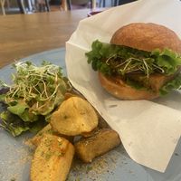 Tempeh burger   at Rainbow Bird Rendezvous in Tokyo