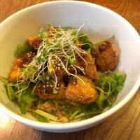 Bowl with brown rice, salad, and fried gluten at Rainbow Bird Rendezvous in Tokyo