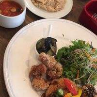 Potato croquette, fried soy chicken, tomato soup and brown rice  at Rainbow Bird Rendezvous in Tokyo