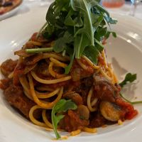 Custom dish, spaghetti with added seitan, mushrooms and arugula,  10/10!!! at Ristorante Lucia in Newport