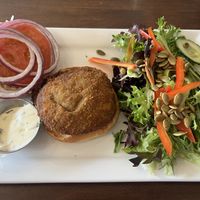Aloo Tikka sandwich with side salad   at Bin 4 Burger Lounge - Granville St in Vancouver