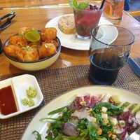 Berry mojito, salad, battered cauliflower florets. April 2021. at W Does Brunch at The Kitchen Table in Bangkok