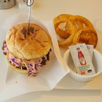 Jackfruit burger w/ onion rings at Vegeater in Tokyo
